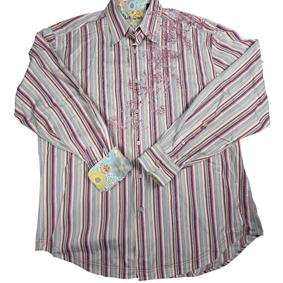 Robert Graham Mens Striped Embroidered Long Sleeve Button-Up Shirt, XL - Picture 3 of 9